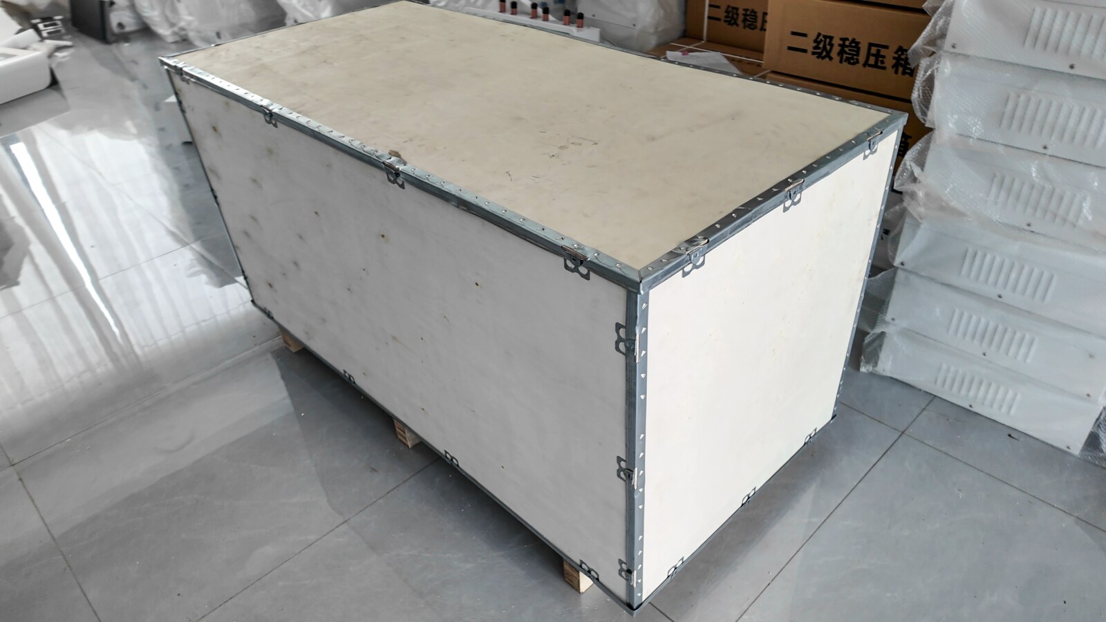 Closed wooden crate prepared for dispatch.