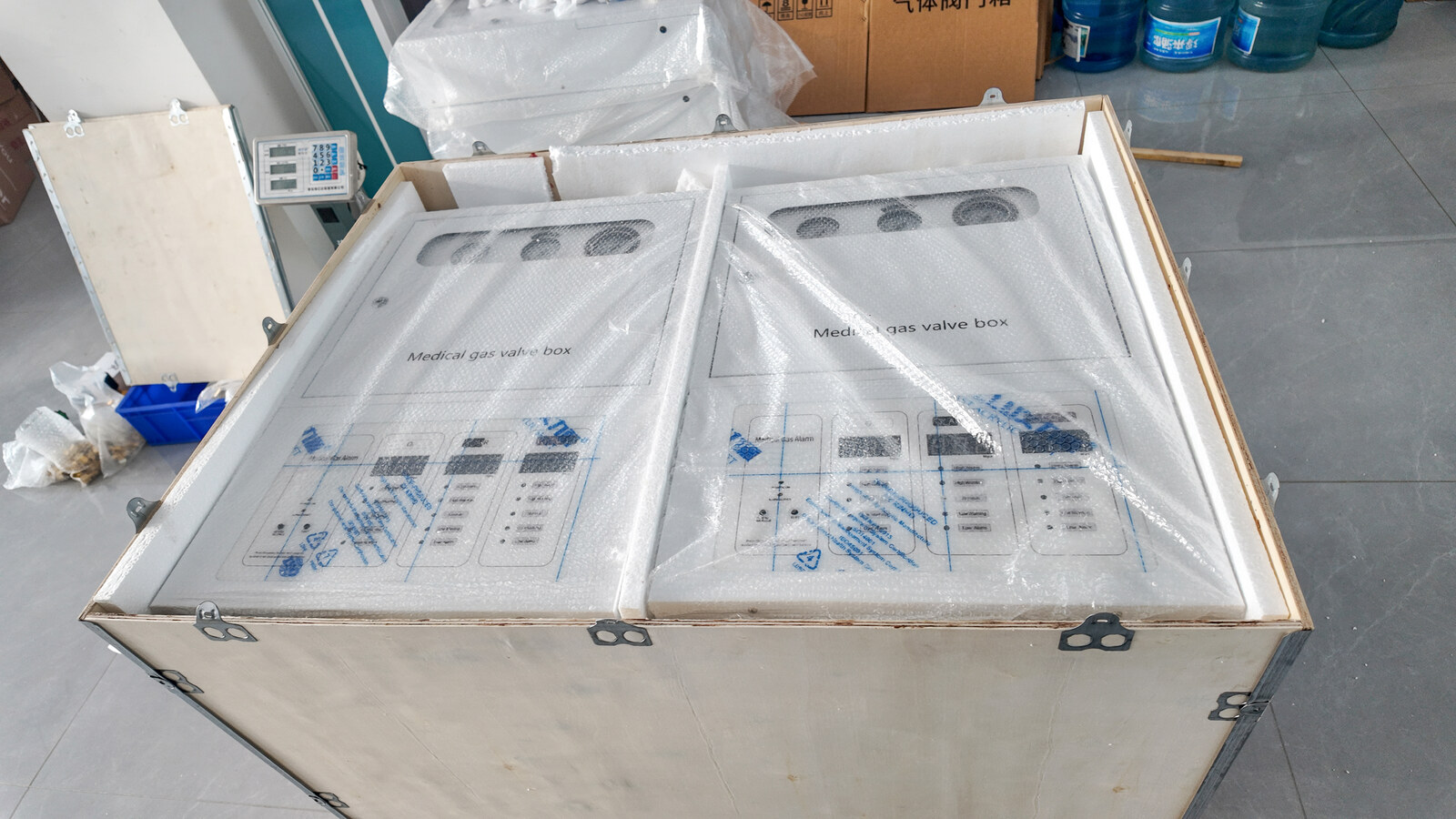 Wrapped GVB-7 units with foam separation inside a wooden crate.