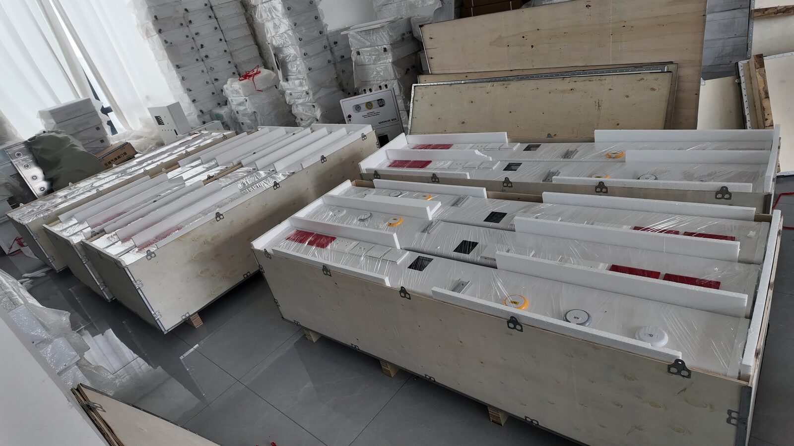 Multiple bed head units prepared for shipment