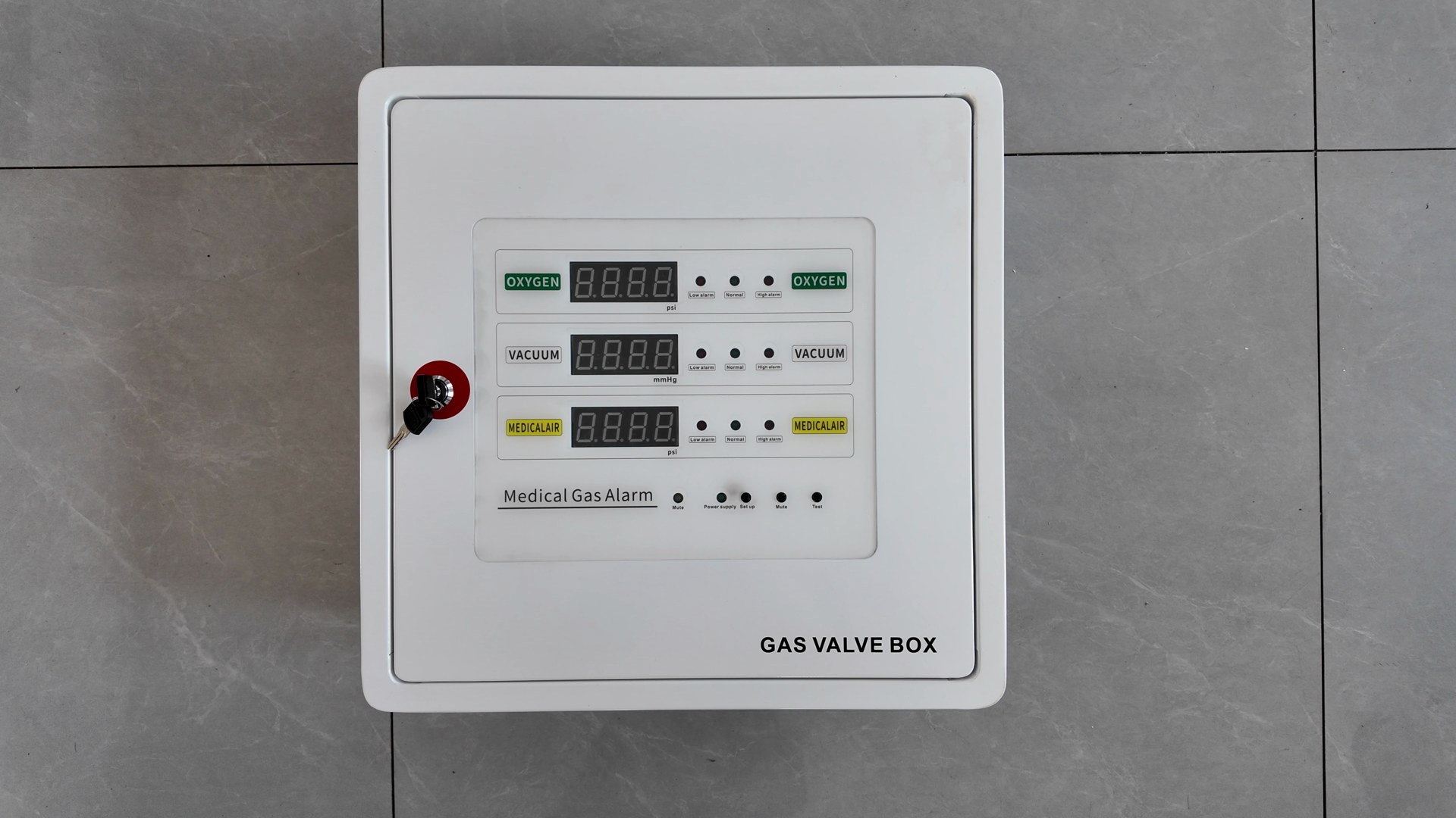 Completed GVB-3 medical gas valve box front view